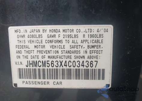 2004 Honda Accord 2.4 Lx из США, поврежденный, VIN JHMCM563X4C034367